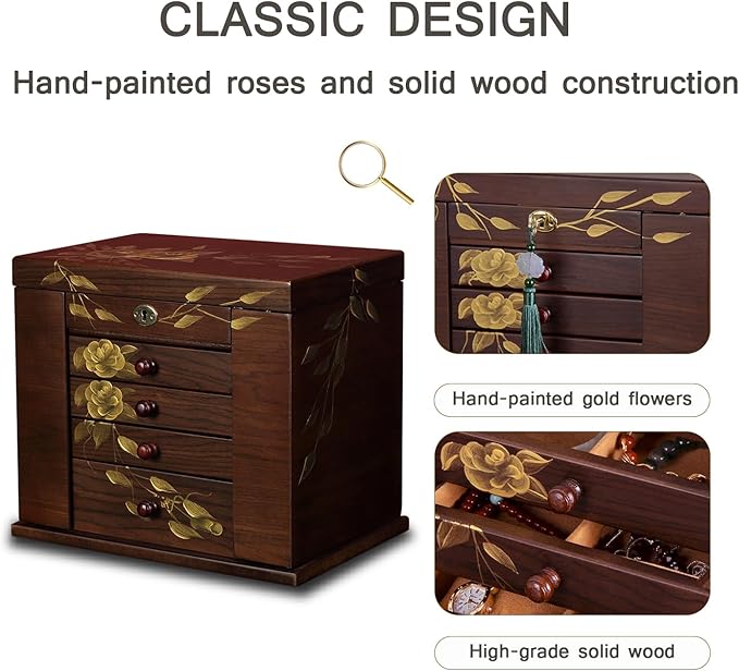 Wooden Jewelry Box for Women, 5-Layer Large Wood Jewelry Boxes & Organizer with Drawers for Rings Necklaces,Hand-painted rose flowers jewelry case organizer,jewelry safe