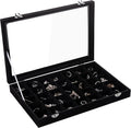 Frebeauty Velvet Jewelry Tray,35 Grid Jewelry Organizer with Clear Lid,Earring Holder Organizer Case with Clasp,Drawer Insert for Rings Studs,13.8 x 9.5 x 2 Inches,Gift for Women Girls(Black)
