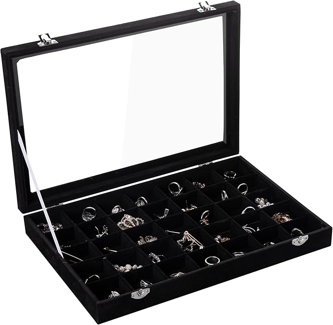Frebeauty Velvet Jewelry Tray,35 Grid Jewelry Organizer with Clear Lid,Earring Holder Organizer Case with Clasp,Drawer Insert for Rings Studs,13.8 x 9.5 x 2 Inches,Gift for Women Girls(Black)