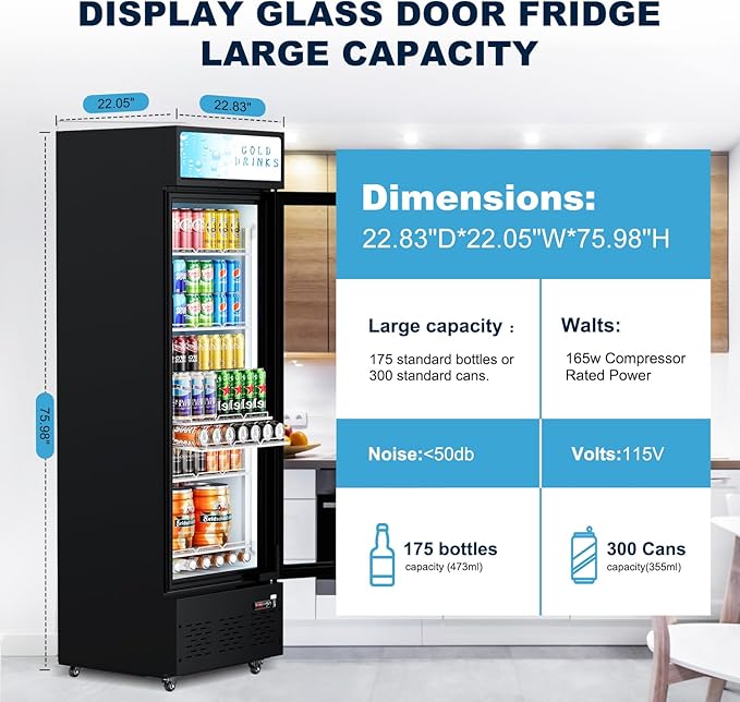 Commercial Glass Door Display Refrigerator 12 cu.ft Commercial Beverage Refrigerators with LED Light & 5 Shelves for Cafe, Restaurant, Store, Bar