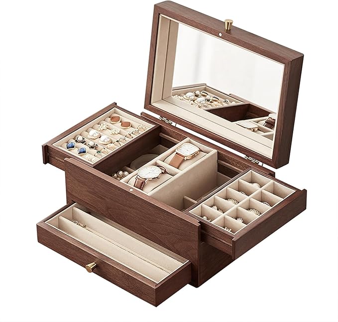 CHOSIN Black Walnut Jewelry Box for Women, 3-Level Multi-functional Organizer with Mirror for Watches, Necklaces, Rings & Earrings Storage Christmas Gifts