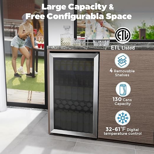 COWSAR Wine Cooler, 26 Bottle 130 Can Beverage Refrigerator, ETL Approved Mini Drink Fridge Clear Glass Door Quiet Compressor Adjust Temp 3.2 Cu.Ft Wine Fridge for Soda Beer