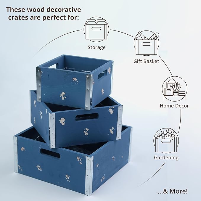 wald imports - Set of 3 Blue Wooden Crates for Storage - Decorative Wooden Crate Set for Home Decoration & Display - Vintage Storage for Household Goods