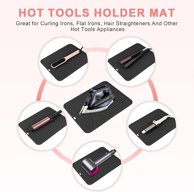 Oversize Silicone Heat Resistant Mat for Curling Irons, Flat Irons, Hair Straighteners and Hot Hair Styling Tools, Portable Hot Tools Sleeve Pad for Travel Vanity Salon(14.2" x 11.0")