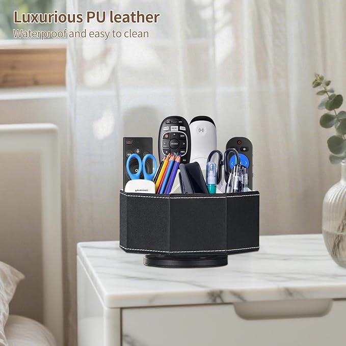 Remote Control Holder, Swivel 9 Rooms Desk Organizer and Decorations for Living Room, Leather Bedside Storage Caddy for TV Controllers/ Makeup Brush Pen/ Office Stationery/ Art Supplies/ Eyeglasses