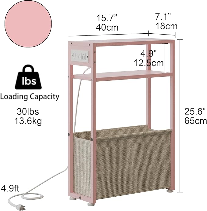 Pink Side Table with Charging Station, Slim End Tables with Linen Basket, Skinny Table for Small Spaces, Thin Bedside Table for Living Room, Bedroom