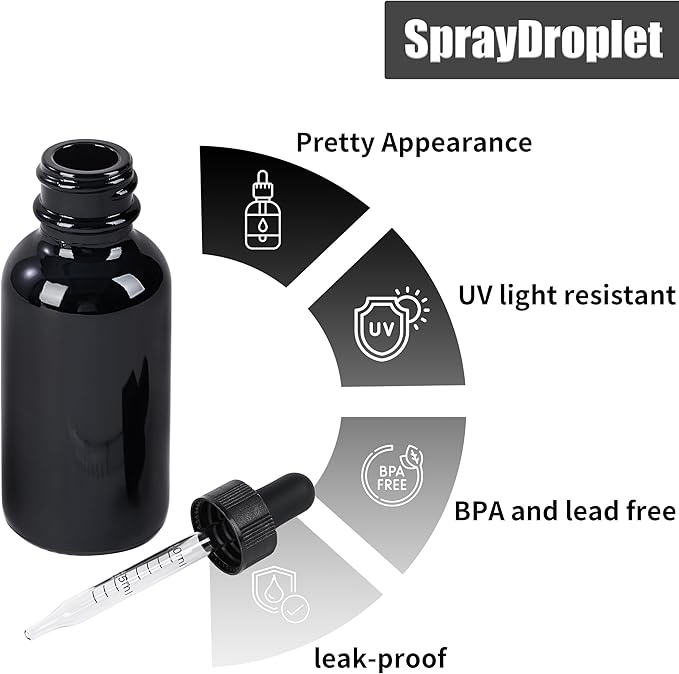 24 Pcs, 1oz Glass Dropper Bottle, Leakproof Tincture Bottles with Dropper, Black Reusable Eye Dropper Bottle for All Kinds of Liquids (Black,1oz-24pcs)