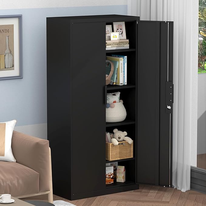 Metal Tall Storage Cabinet, Black Storage Cabinets with Doors and Shelves, 72" H File Cabinet with 4 Adjustable Shelves, Heavy Duty Locking Cabinets for Home, Office, School