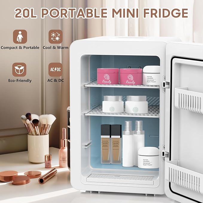 20L Skincare Fridge with Mirror & LED Lighting, 3-Mode Dimmable, Cooler & Warmer with Drip Tray for Makeup, Cosmetic, Beauty, Mini Beauty Fridge for Bedroom, Vanity, Car & Home Use