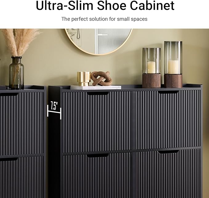 SoBuy Fluted Shoe Cabinet 4 Drawers, Narrow Shoe Storage Organizer for Entryway Black, Thin Free Standing Shoe Rack Porch Front Door, FSR177-L-SCH