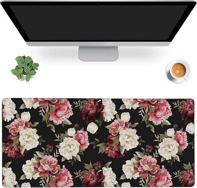 Desk Mat,Watercolor Peonies Floral Gaming Mouse Pad,XXL Extended Mouse Pad Mat for Office,Computer,Keyboard with Non-Slip Base Stitched Eges Mousepad 35.4x15.75 inch