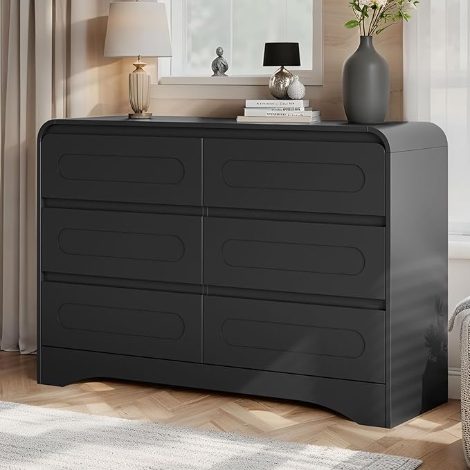 Black Dresser, Modern 6 Drawers Dressers & Chest of Drawers with Pre-installed Slide&Curved Profile Design, 47" Wide Wood Closet Clothes Storage Dressers Organizer for Bedroom Living Room Hallway
