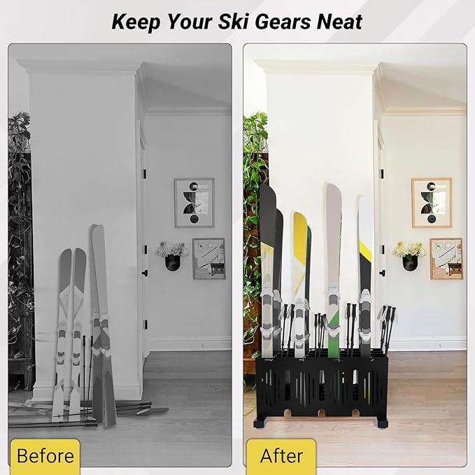 8-Pair Ski Storage Rack w/Width-Adjustable Fixing Bars, Heavy Duty Metal Freestanding Ski Rack - Ideal Organizer for Garage, Home and Store, 26" L ×18.1" W ×13.6" H