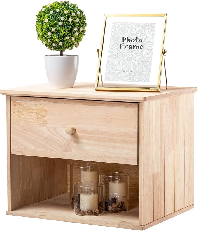 VINGLI Unfinished Natural Solid Wood Floating Nightstand for Bedroom, Small Nightstand with Drawer/Shelf, Farmhouse Night Stand Wall-Mounted Nightstand/Bedside Table for Small Space Color DIY