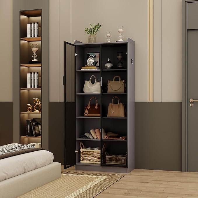 65" Tall Display Cabinet with Doors, Lighted Bookcase with Lights/Human Sensor, 5 Tier Display Case with Adjustable Shelves for Collectibles Bedroom Living Room Office, Grey-Smoked Black Door