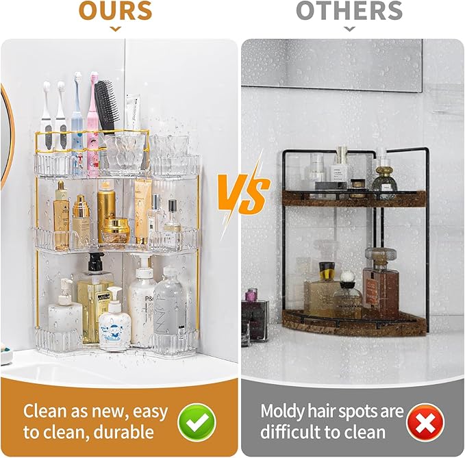 Upgraded 3-Tier Corner Bathroom Countertop Organizer – Spacious Storage for Makeup, Skincare & Perfumes, Built-in Brush Holder Fits Vanity/Dresser/Bsthtub (Classic White)