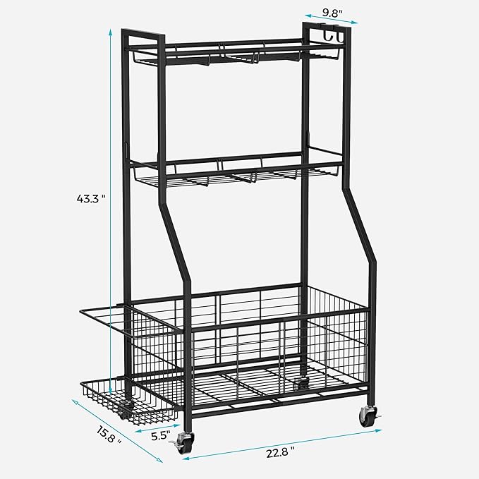Sports Equipment & Toy Storage Rack with Wheels, 3-Tier Ball Organizer for Balls, Rackets & Sports Gear, Large Capacity with Racket Slots & Hooks, for Garage, Home Gym or Backyard – 23" W