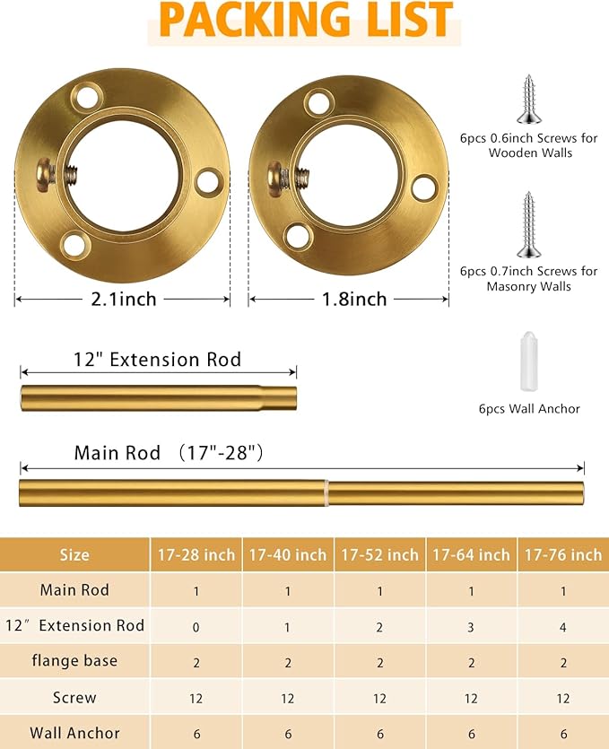 Closet Rods for Hanging Clothes, 17-40 Inch Heavy Duty and Stepless Adjustable Closet Poles, Stainless Steel Closet Hanging Rod for Closet, Wardrobes, Laundry Room, Bathroom, RV (Gold)