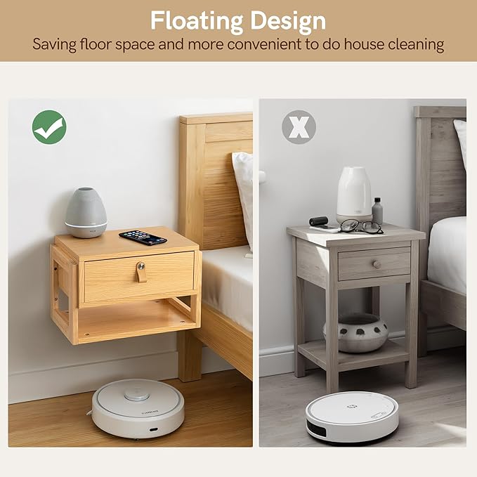 Afuly Floating Nightstand with LED Light Strips, Modern Night Stand with Drawer Wall Mounted Bedside End Table, Wood Nightstand Side Table Shelf for Bedroom Natural Wooden Decor