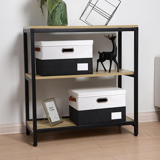 PRANDOM Foldable Storage Bins with Lids [3-Pack] Fabric Collapsible Storage Boxes Baskets Cubes Containers with Handles for Closet Living Room Bedroom (Black & White 14.9x9.8x9.8'')