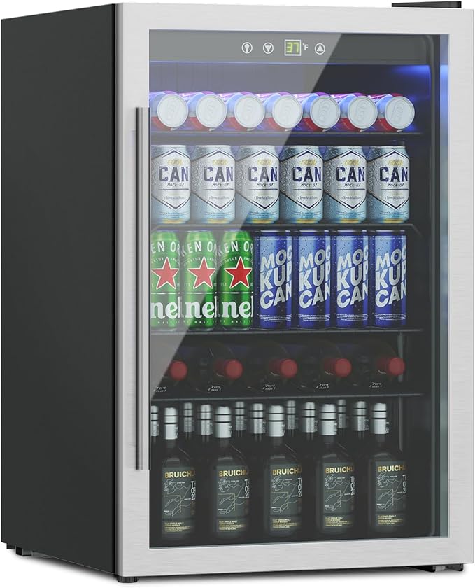 4.5 Cubic Feet Mini Fridge, 145 Can Freestanding Beverage Refrigerator with Glass Front Door for Soda, Beer Under Counter Drink Refrigerator with Adjustable Shelves and Digital Display
