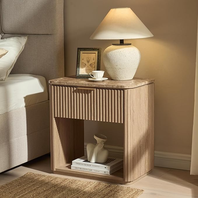 Fluted Nightstand with Drawer, Bedside Table with Faux Marble-Top, Engineered Wood Side Table with Open Shelf, Curved Corners, Metal Handle, Modern Night Stand for Bedroom, Small Spaces, Natural Oak