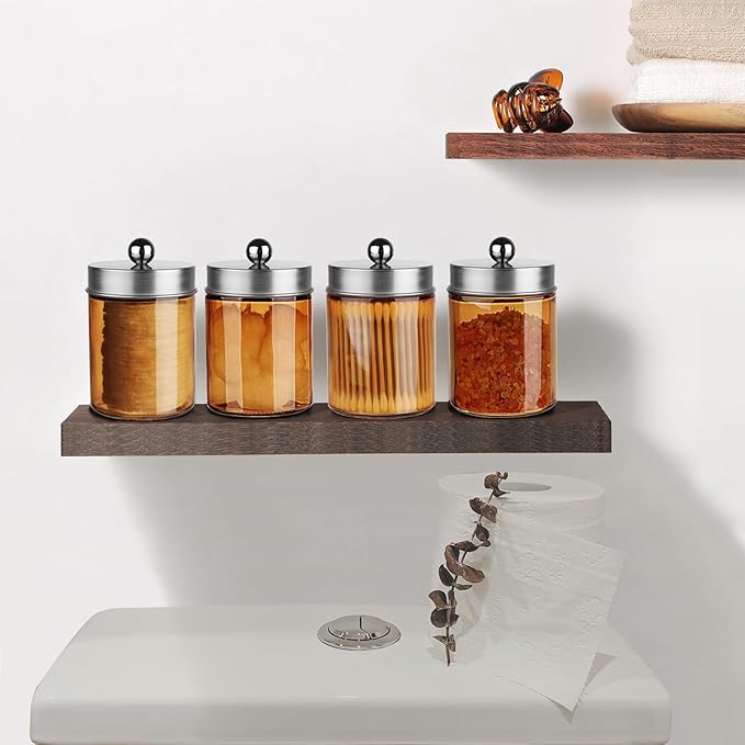 Amolliar Amber Yellow Glass Apothecary Jar with Metal Lid & Cute Labels, Qtip Holder Dispenser Canister for Cotton Balls, Cotton Swabs, Makeup Pads, Countertop Bathroom Storage,1 Pack(Brushed Nickel)