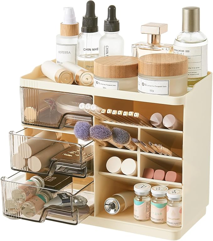 Makeup Organizer Countertop with 3 Drawers, Multi-Function Desktop Vanity Organizer for Skincare Makeup Brush Lipstick, Bathroom Counter Organizer, Cream White