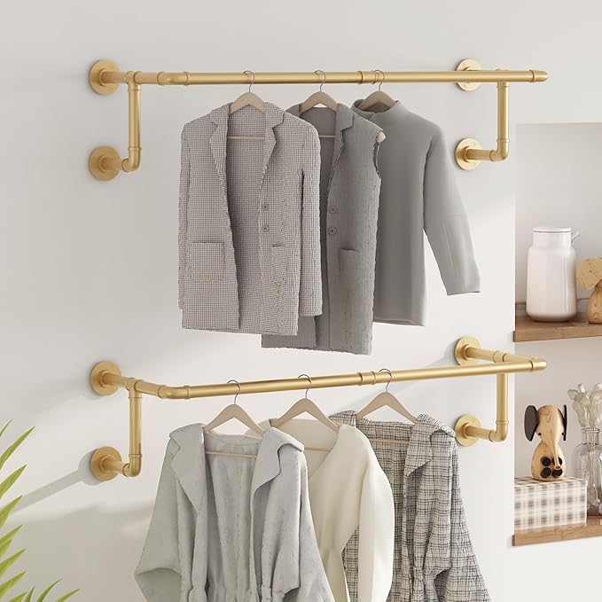 Industrial Pipe Clothing Racks 2 Pack, 36.2In Wall Mounted Clothes Rack, Gold Wall Clothing Racks for Hanging Clothes, Space Saving Closet Hanging Rod for Laundry Room, Bedroom