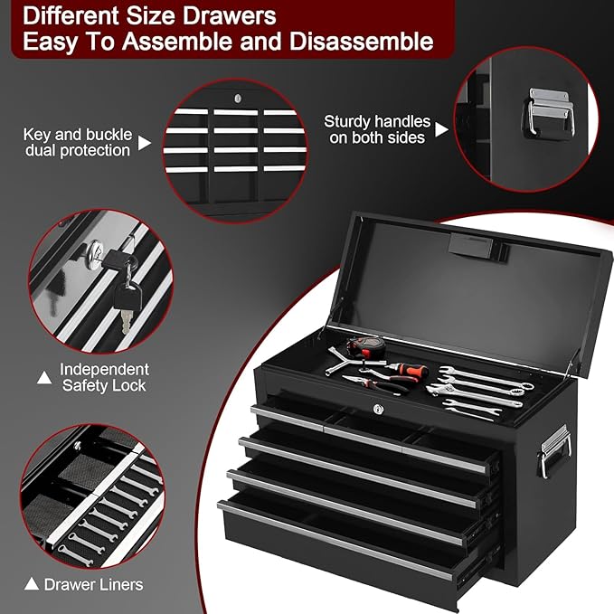8-Drawer Rolling Tool Chest, 2-in-1 High Capacity Removable Cabinet Storage Tool Box with Wheels and Drawers, Detachable Toolbox with Lock for Workshop Mechanics Garage (Black)
