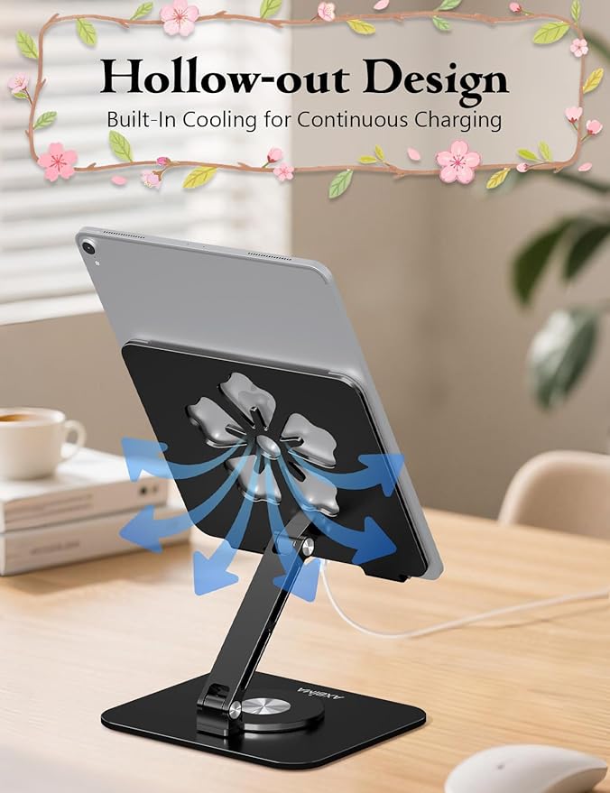 Tablet Stand for iPad, 360° Rotating Aluminum Foldable Holder – Adjustable Desk Stand | Fits iPad Pro 12.9/11,Samsung Galaxy Tab – Portable for Home, Office & Travel,Black