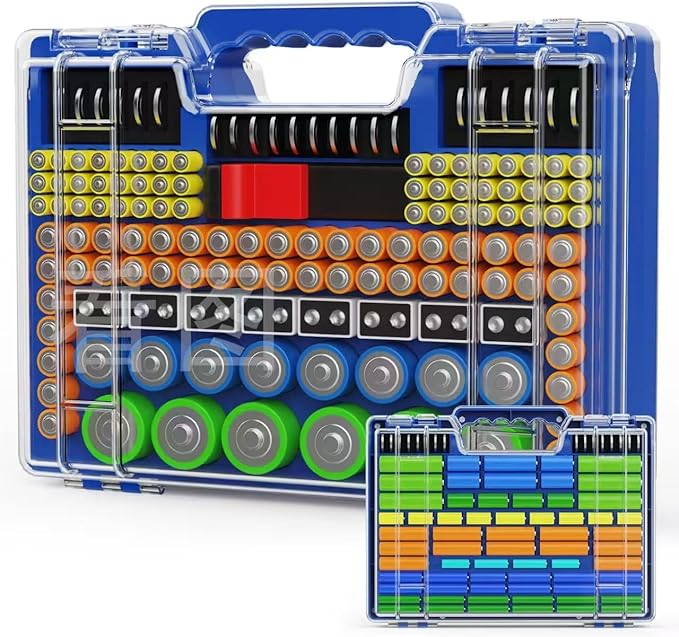 Battery Organizer Storage Holder Box Case with Tester, Stores & Protects Up to 260 Batteries, Double-Clear Locking Lid, Holds AA AAA C D and More (Blue)