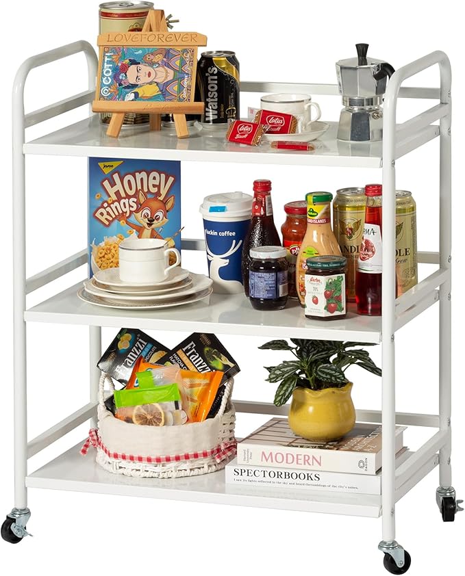 HDANI 3 Tier Metal Utility Multipurpose Rolling Cart,Large Capacity Heavy Duty Rolling Cart with 2 Lockable Wheels for Home,Office,Kitchen,Bathroom,Bedroom,White