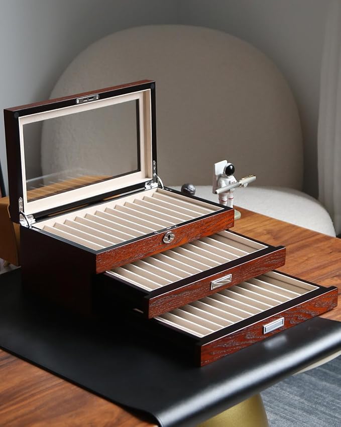 wood pen display case 36 slot Fountain pen Box storage Organizer with drawer, Top Glass Window Pen Collection Display Case