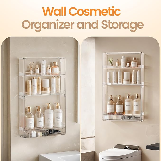 Shower Caddy Adhesive, X-Large Capacity Bathroom Organizers and Storage, No Drill Shower Organizer, Clear Wall-Mounted Bathroom Storage Shelf for Kitchen, RV, Cosmetic