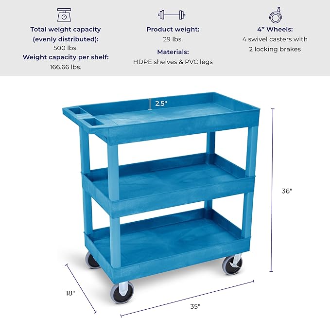 Stand Steady Tubstr 3 Shelf Utility Cart | Made in USA | Heavy Duty Tub Cart Holds Up to 500 lbs. | Storage Cart & Rolling Tool Cart for School, Office, Garage & Warehouse (32 x 24in / Blue)