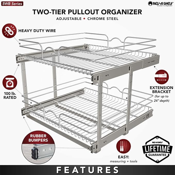Rev-A-Shelf 2-Tier Kitchen Cabinet Pullout Shelf and Drawer Organizer Slide Out Pantry Storage Basket in Multiple Sizes, 24 x 22 In, 5WB2-2422-CR-1