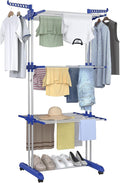 Bigzzia Clothes Drying Rack, Folding Stainless Steel Drying Rack Clothing Indoor Outdoor, Space-Saving, 4 Tier Laundry Drying Rack with Two Side Wings Grey Blue
