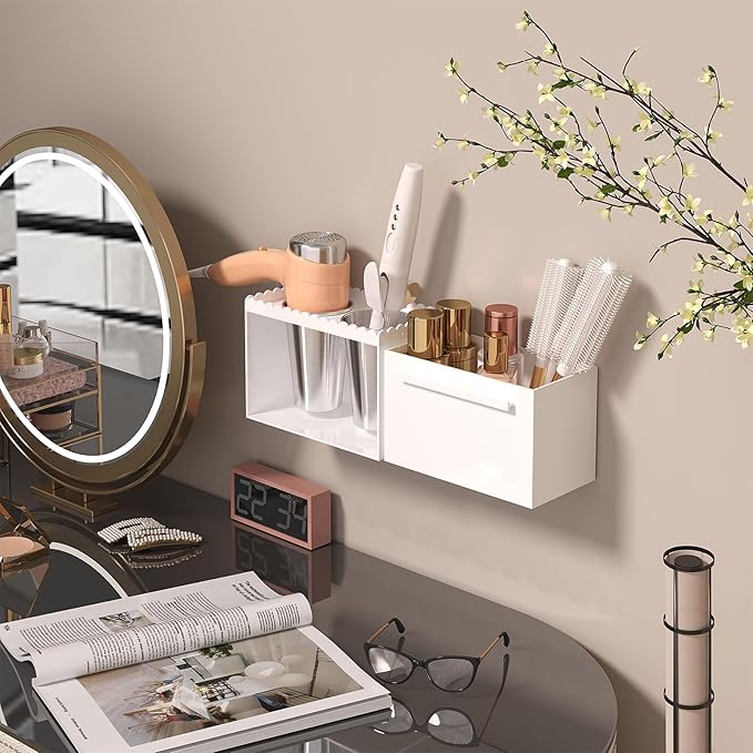 Hair Tool Organizer, Wall Mount Acrylic Hair Dryer Holder with 2 Cups Box Organizer, Scalloped Hair Styling Tools Organizer for Curling Iron Straightener Bathroom Storage(2 Cups Scalloped Box Set)