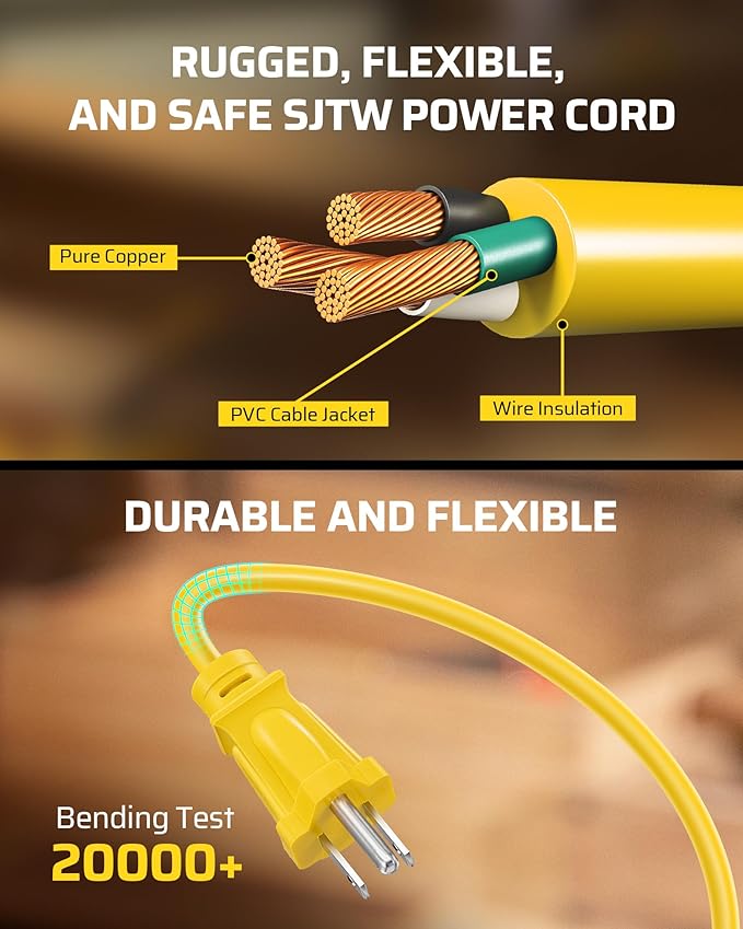 DEWENWILS Extension Cord Reel with 25 FT Power Cord, Hand Wind Retractable, 16/3 AWG SJTW, 4 Grounded Outlets, 13 Amp Circuit Breaker, Yellow, Yellow Cord, UL Listed
