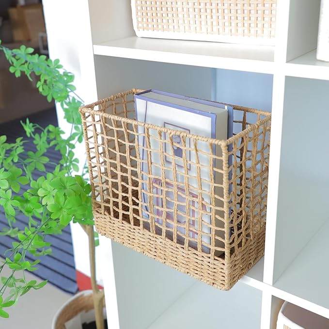YRMT Magazine Holder Paper Rope Woven Storage Basket for Magazines, Newspapers, Books Decorative Folder Organizer Bin for Home Office