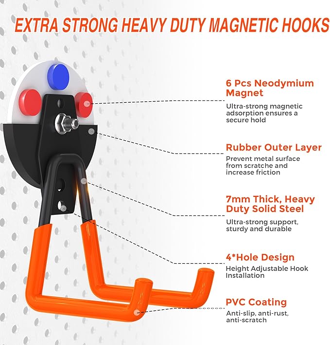 4Pcs Magnetic Hooks Heavy Duty, Large Strong Magnetic Storage Hook for Hanging Garage Tool, 66mm Magnet Hooks with Anti-Slip Coating, Magnetic Holder for Power Drill/Metal Cabinet/Garden Tools