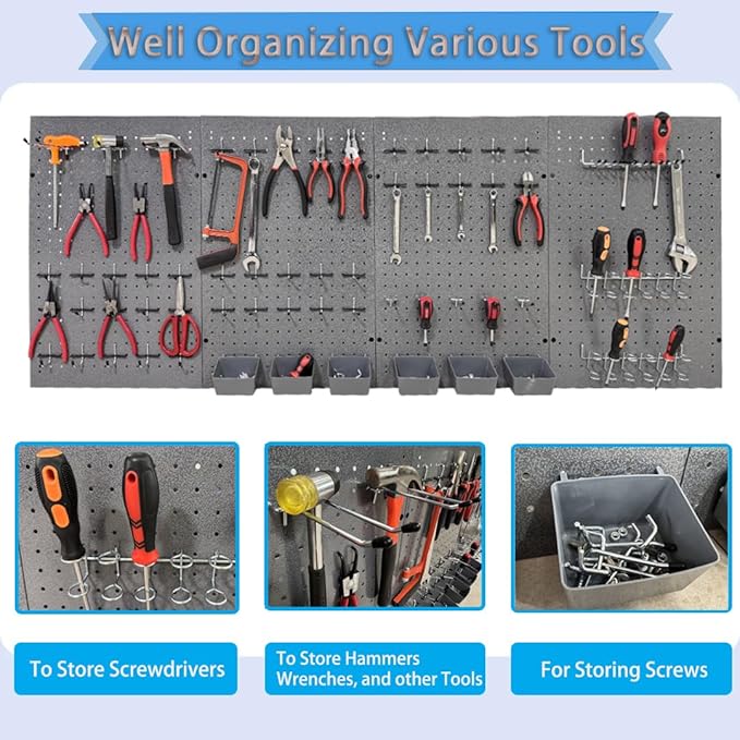 JZD Pegboard Wall Organizer with 116 Pcs Hooks Heavy Duty Metal Pegboard Kit with 1/4" Pegboard Hooks Accessories 4 Pack Metal Pegboard Kit 66" x 24" for Garage, Tool Storage,Craft Room