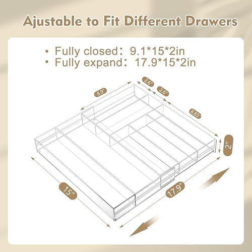 1 Pcs Acrylic Drawer Organizer 9'' up to 18'' x 15'' x 2'' Expandable Drawer Organizer Pens Notebook Ruler Makeup Tray with 7 Adjustable Compartments for Desk Office Kitchen Bathroom(Clear)