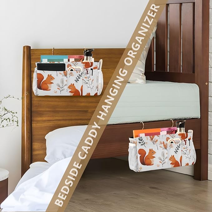 Squirrels and Fall Leaves Bedside Caddy for Dorm Bed Bedside Hanging Caddy Bag Iron Frame Storage Organizer Pocket for Bunk Home College Hospital Beds 2 Hooks