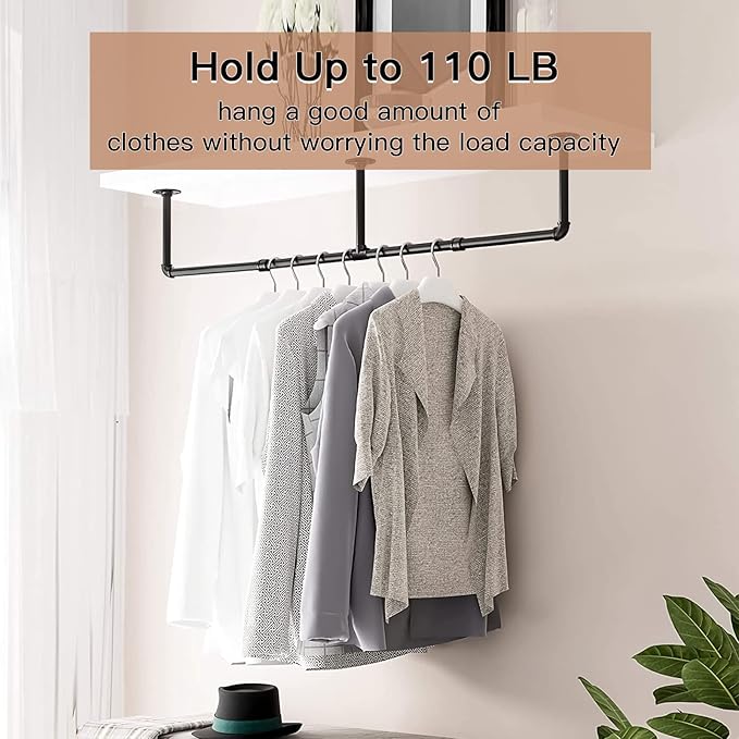 Clothes Hanger Pole Wall Mount, 72" Heavy Duty Detachable Black Iron Garment Bar Hanging Rod Holder, Clothes Rail Shelf Wardrobe Organizer for Laundry Room & Closet Storage, 3 Base