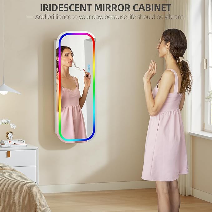 6 LED Mirror Jewelry Cabinet - Wall/Door Mounted Armoire with Large Capacity, Lockable, 14 Dimmable Lights + Adjustable Full-Length Standing or Hanging, White - Cosmetic Storage Organizer, Gift Idea
