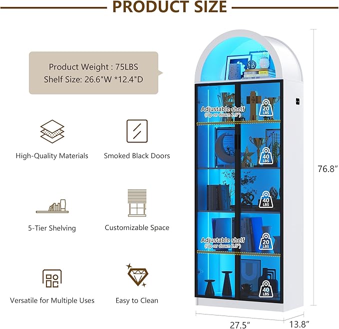Display Cabinet with Doors and Adjustable Shelves, 76" Tall Display Case with LED Lights/Arch Storage Space, 6 Tier Bookcase for Collectibles Bedroom Living Room Office, White