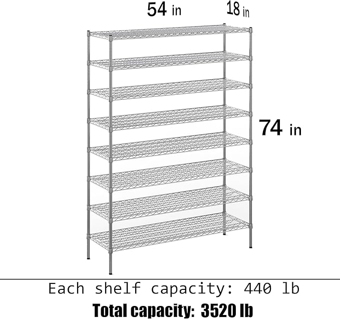 18" Deep x 54" Wide x 74" Height Wire Shelving Kit | 8-Tier | NSF Commercial Storage Rack Unit