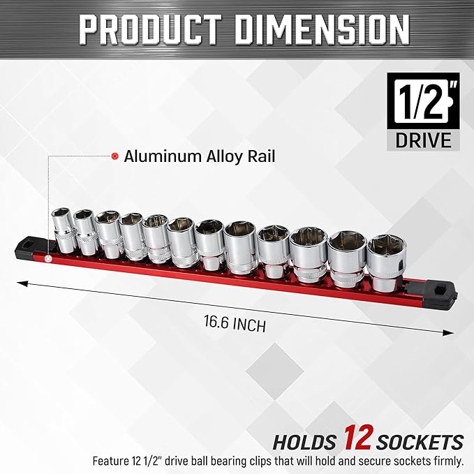 ALOANES 1/2-Inch Drive Magnetic Socket Organizer, Heavy Duty Aluminum Socket Rail Organizer, 360° Swivel Clips Socket Holder Kit for Tool Box, 1/2 Inch Socket Holder x 12 Clips (Red)